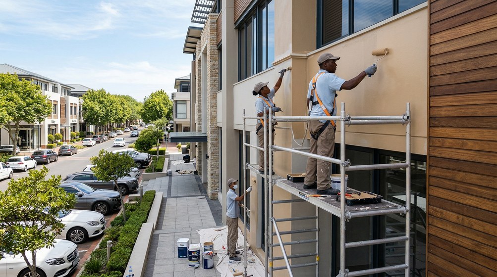 Professional commercial painters on scaffolding painting a building on the Whale Coast