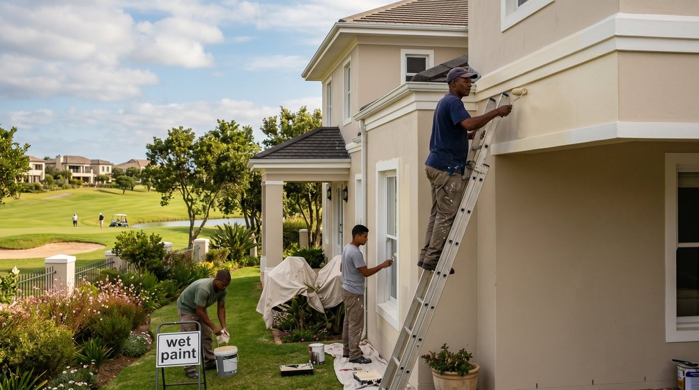 Professional estate painters painting a luxury golf estate home on the Whale Coast