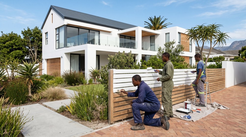Professional fence painters painting a wooden fence at a Whale Coast home in Vredehoek